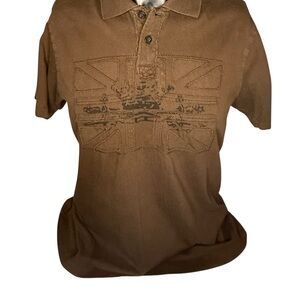 Guess Y2K Distressed Union Jack Polo Chocolate Brown Men’s Size Medium